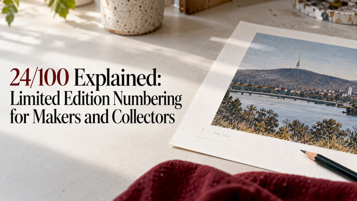 Numbered edition print on a maker's worktable