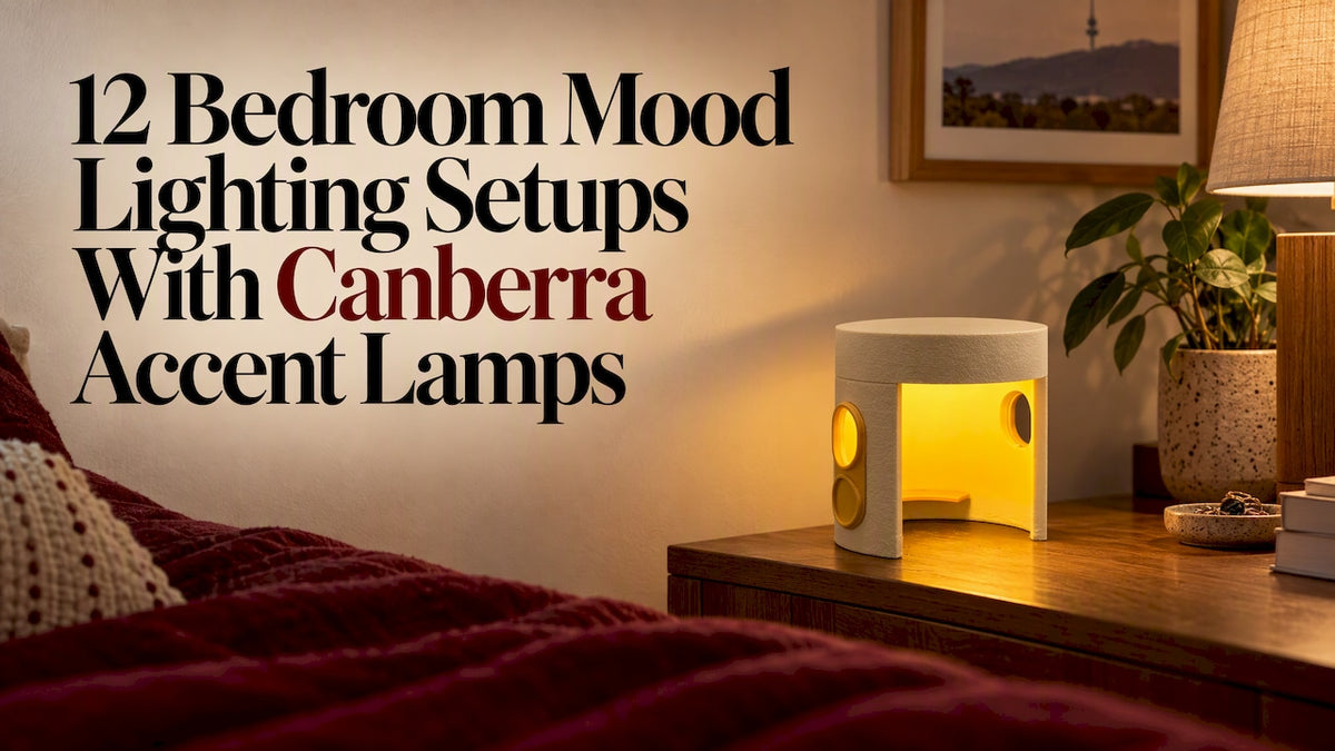 Canberra lamp glowing beside a bedroom bed