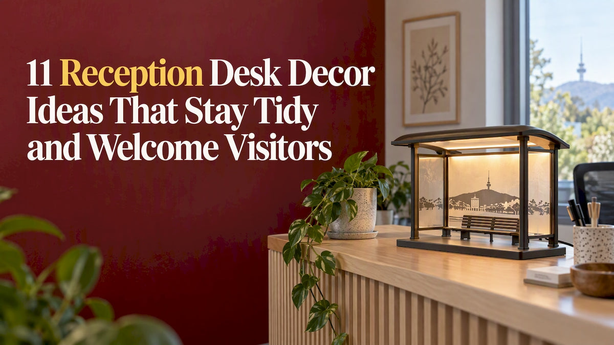 Tidy Canberra reception desk with distinctive lamp