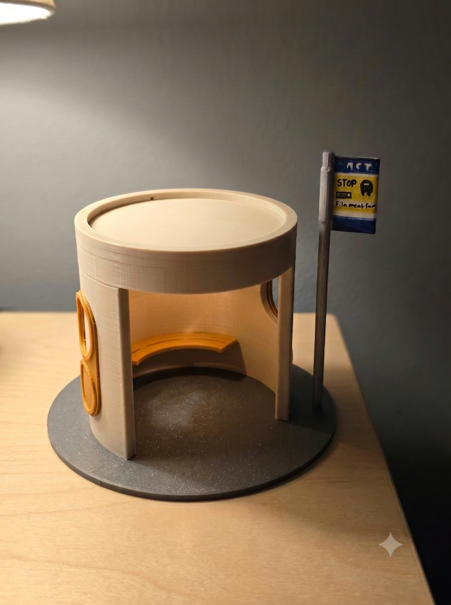 Iconic Canberra Bus Shelter - With Base and Sign Post - Battery Operated TeaLight Candle Holder - 8cm